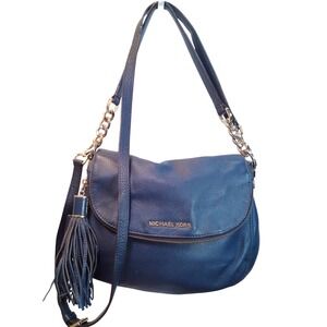 Michael Kors Bedford Navy Blue Leather Tassel Shoulder Bag Foldover Chain Strap